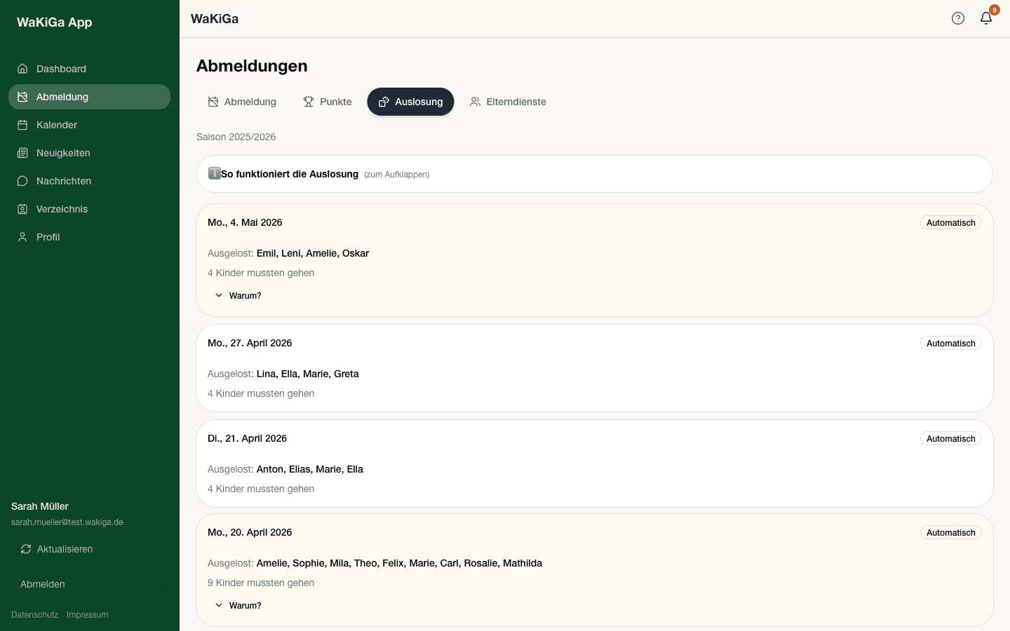 Auslosungs-Historie mit transparenter Liste der ausgelosten Kinder pro Tag