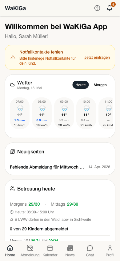 Mobile Eltern-Ansicht der Kita-App im Hochformat mit Bottom-Tab-Navigation
